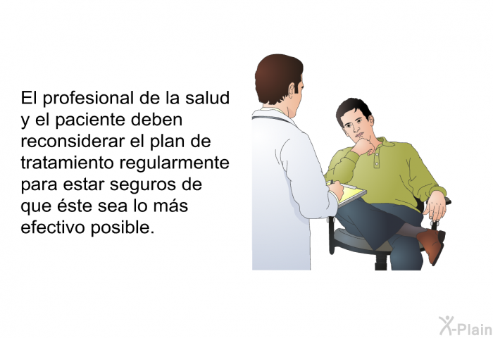 El profesional de la salud y el paciente deben reconsiderar el plan de tratamiento regularmente para estar seguros de que ste sea lo ms efectivo posible.