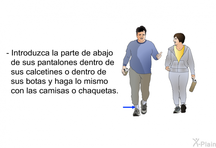 Introduzca la parte de abajo de sus pantalones dentro de sus calcetines o dentro de sus botas y haga lo mismo con las camisas o chaquetas.