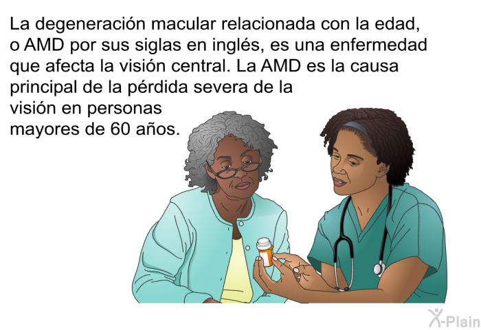 La degeneracin macular relacionada con la edad, o AMD por sus siglas en ingls, es una enfermedad que afecta la visin central. La AMD es la causa principal de la prdida severa de la visin en personas mayores de 60 aos.