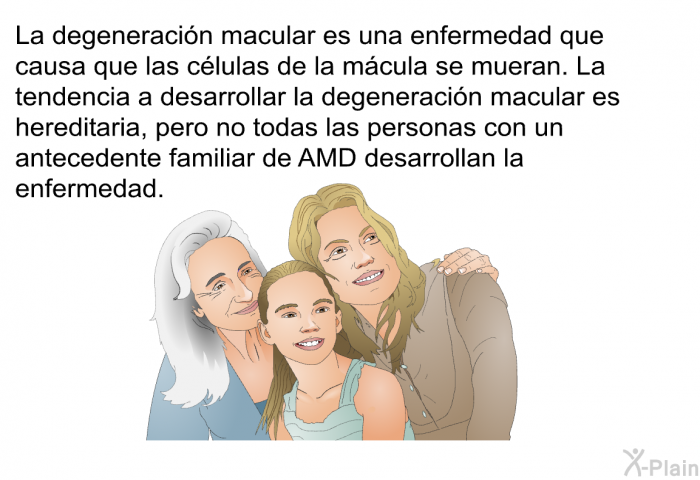 La degeneracin macular es una enfermedad que causa que las clulas de la mcula se mueran. La tendencia a desarrollar la degeneracin macular es hereditaria, pero no todas las personas con un antecedente familiar de AMD desarrollan la enfermedad.
