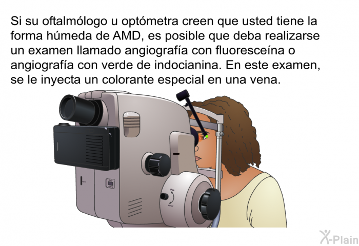 Si su oftalmlogo u optmetra creen que usted tiene la forma hmeda de AMD, es posible que deba realizarse un examen llamado <I>angiografa con fluorescena</I> o <I>angiografa con verde de indocianina</I>. En este examen, se le inyecta un colorante especial en una vena.