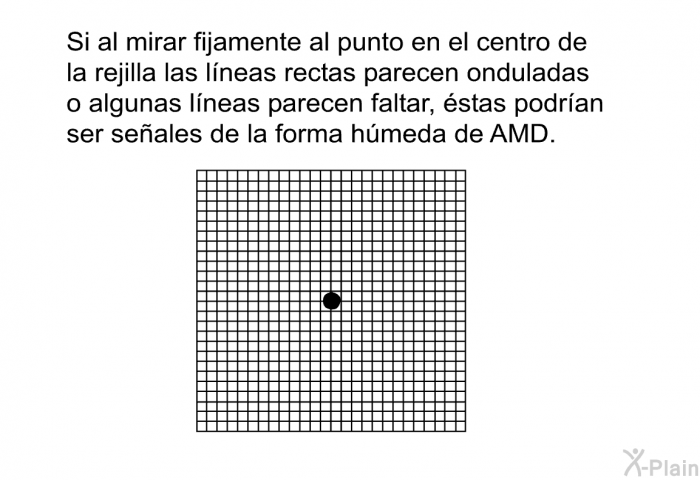 Si al mirar fijamente al punto en el centro de la rejilla las lneas rectas parecen onduladas o algunas lneas parecen faltar, stas podran ser seales de la forma hmeda de AMD.