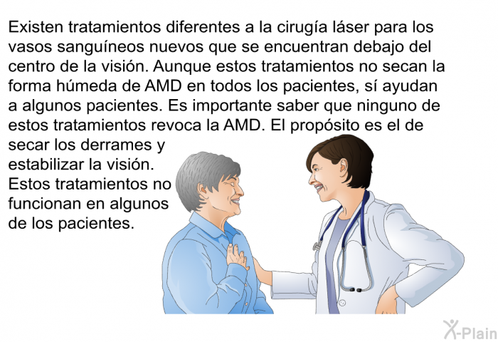 Existen tratamientos diferentes a la ciruga lser para los vasos sanguneos nuevos que se encuentran debajo del centro de la visin. Aunque estos tratamientos no secan la forma hmeda de AMD en todos los pacientes, s ayudan a algunos pacientes. Es importante saber que ninguno de estos tratamientos revoca la AMD. El propsito es el de secar los derrames y estabilizar la visin. Estostratamientos no funcionan en algunos de los pacientes.