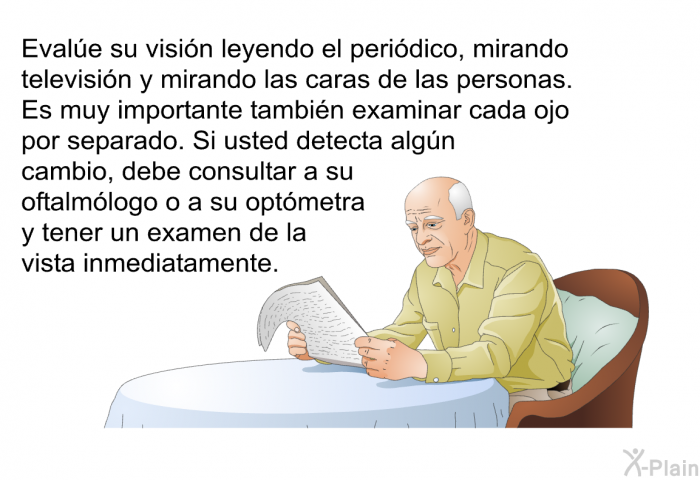 Evale su visin leyendo el peridico, mirando televisin y mirando las caras de las personas. Es muy importante tambin examinar cada ojo por separado. Si usted detecta algn cambio, debe consultar a su oftalmlogo o a su optmetra y tener un examen de la vista inmediatamente.