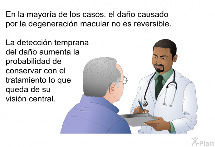 En la mayora de los casos, el dao causado por la degeneracin macular no es reversible. La deteccin temprana del dao aumenta la probabilidad de conservar con el tratamiento lo que queda de su visin central.