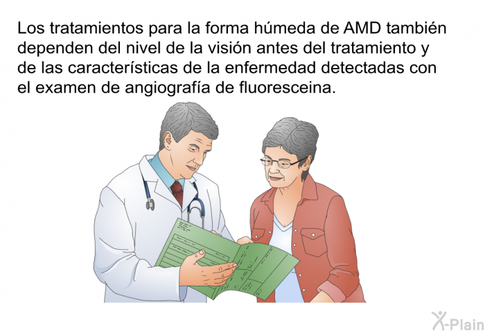 Los tratamientos para la forma hmeda de AMD tambin dependen del nivel de la visin antes del tratamiento y de las caractersticas de la enfermedad detectadas con el examen de <I>angiografa de fluoresceina</I>.
