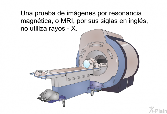 Una prueba de imgenes por resonancia magntica, o MRI, por sus siglas en ingls, no utiliza rayos - X.