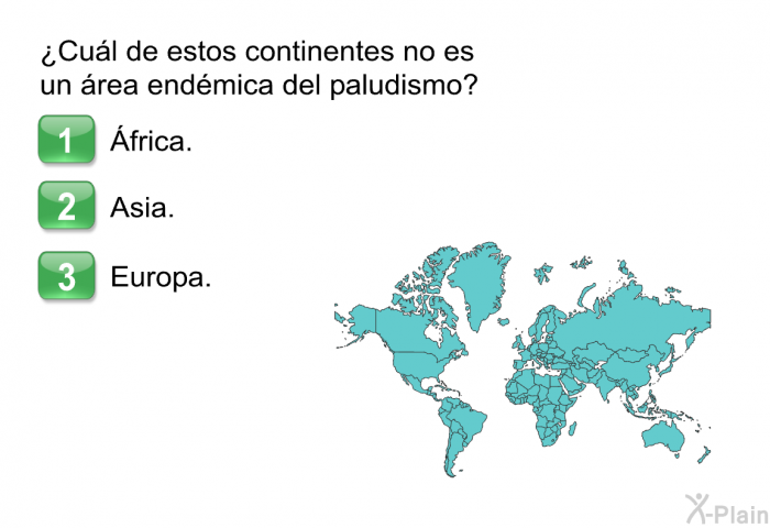 �Cu�l de estos continentes no es un �rea end�mica del paludismo?  �frica. Asia. Europa.