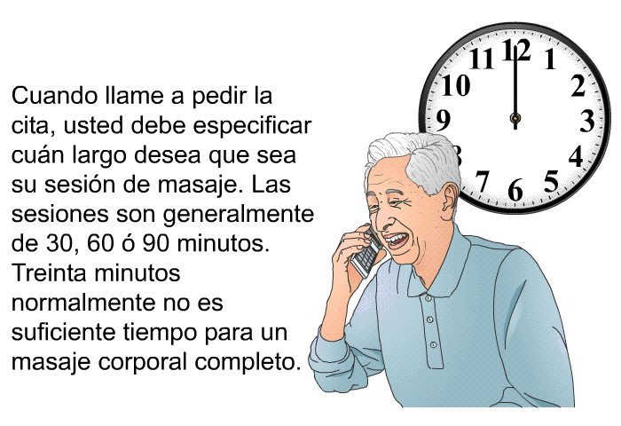 Cuando llame a pedir la cita, usted debe especificar cu�n largo desea que sea su sesi�n de masaje. Las sesiones son generalmente de 30, 60 � 90 minutos. Treinta minutos normalmente no es suficiente tiempo para un masaje corporal completo.
