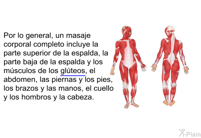 Por lo general, un masaje corporal completo incluye la parte superior de la espalda, la parte baja de la espalda y los m�sculos de los gl�teos, el abdomen, las piernas y los pies, los brazos y las manos, el cuello y los hombros y la cabeza.