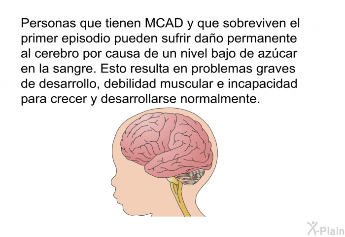 Personas que tienen MCAD y que sobreviven el primer episodio pueden sufrir dao permanente al cerebro por causa de un nivel bajo de azcar en la sangre. Esto resulta en problemas graves de desarrollo, debilidad muscular e incapacidad para crecer y desarrollarse normalmente.