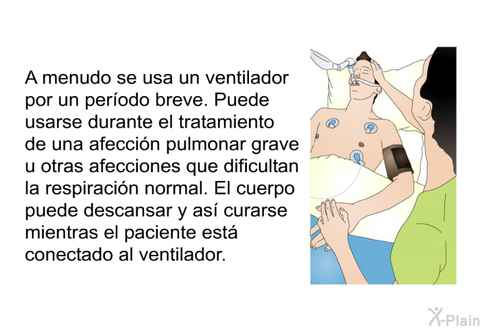 A menudo se usa un ventilador por un perodo breve. Puede usarse durante el tratamiento de una afeccin pulmonar grave u otras afecciones que dificultan la respiracin normal. El cuerpo puede descansar y as curarse mientras el paciente est conectado al ventilador.