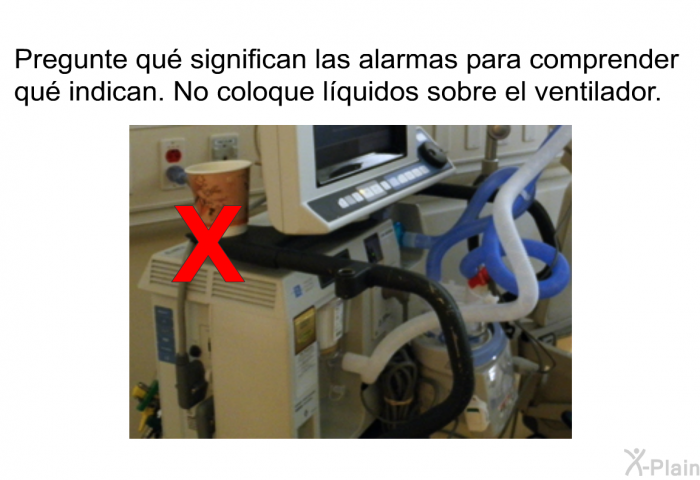 Pregunte qu significan las alarmas para comprender qu indican. No coloque lquidos sobre el ventilador.