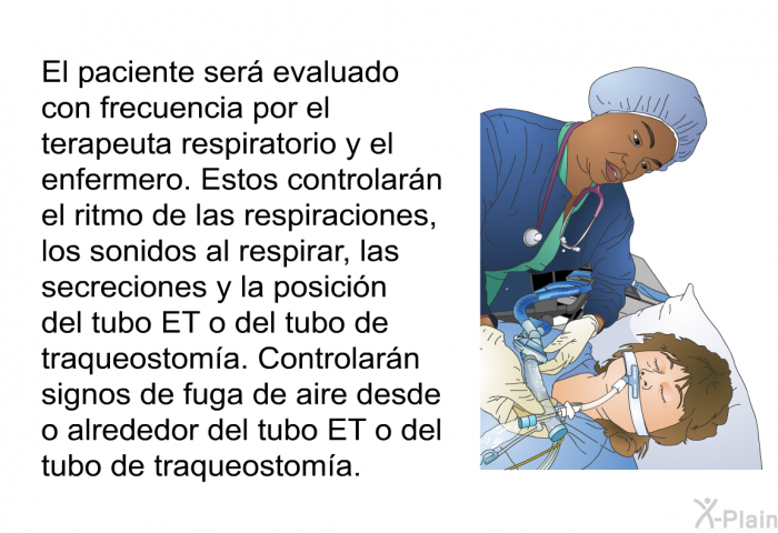 El paciente ser evaluado con frecuencia por el terapeuta respiratorio y el enfermero. Estos controlarn el ritmo de las respiraciones, los sonidos al respirar, las secreciones y la posicin del tubo ET o del tubo de traqueostoma. Controlarn signos de fuga de aire desde o alrededor del tubo ET o del tubo de traqueostoma.