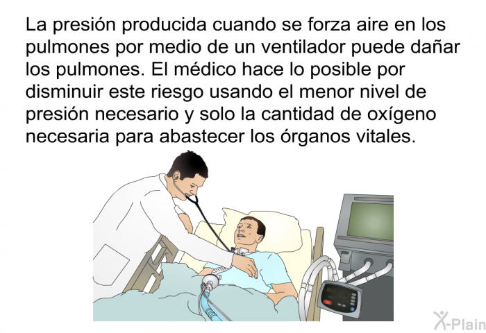 La presin producida cuando se forza aire en los pulmones por medio de un ventilador puede daar los pulmones. El mdico hace lo posible por disminuir este riesgo usando el menor nivel de presin necesario y solo la cantidad de oxgeno necesaria para abastecer los rganos vitales.