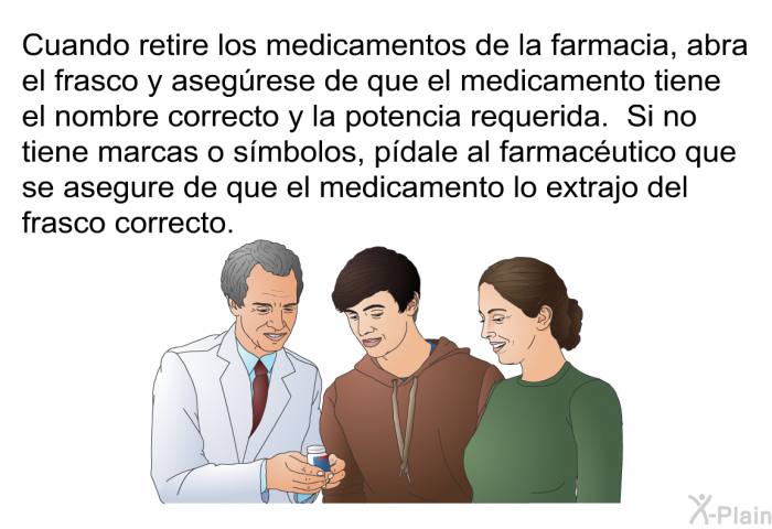 Cuando retire los medicamentos de la farmacia, abra el frasco y asegrese de que el medicamento tiene el nombre correcto y la potencia requerida. Si no tiene marcas o smbolos, pdale al farmacutico que se asegure de que el medicamento lo extrajo del frasco correcto.