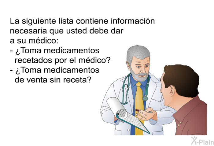 La siguiente lista contiene informacin necesaria que usted debe dar a su mdico:  ¿Toma medicamentos recetados por el mdico? ¿Toma medicamentos de venta sin receta?