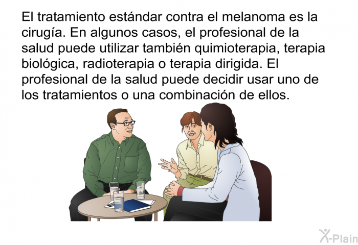El tratamiento estndar contra el melanoma es la ciruga. En algunos casos, el profesional de la salud puede utilizar tambin quimioterapia, terapia biolgica, radioterapia o terapia dirigida. El profesional de la salud puede decidir usar uno de los tratamientos o una combinacin de ellos.
