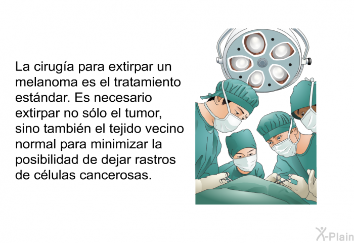 La ciruga para extirpar un melanoma es el tratamiento estndar. Es necesario extirpar no slo el tumor, sino tambin el tejido vecino normal para minimizar la posibilidad de dejar rastros de clulas cancerosas.