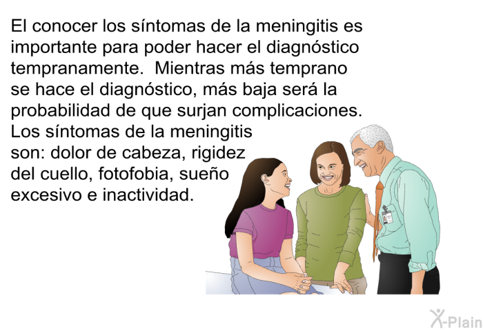 El conocer los s�ntomas de la meningitis es importante para poder hacer el diagn�stico tempranamente. Mientras m�s temprano se hace el diagn�stico, m�s baja ser� la probabilidad de que surjan complicaciones. Los s�ntomas de la meningitis son: dolor de cabeza, rigidez del cuello, fotofobia, sue�o excesivo e inactividad.