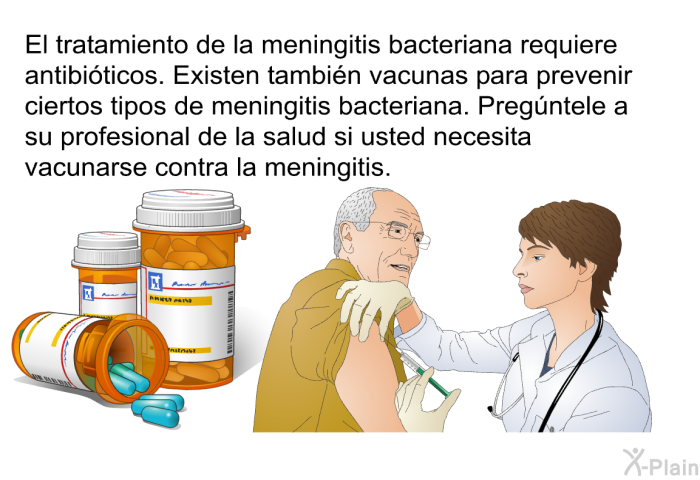El tratamiento de la meningitis bacteriana requiere antibi�ticos. Existen tambi�n vacunas para prevenir ciertos tipos de meningitis bacteriana. Preg�ntele a su profesional de la salud si usted necesita vacunarse contra la meningitis.