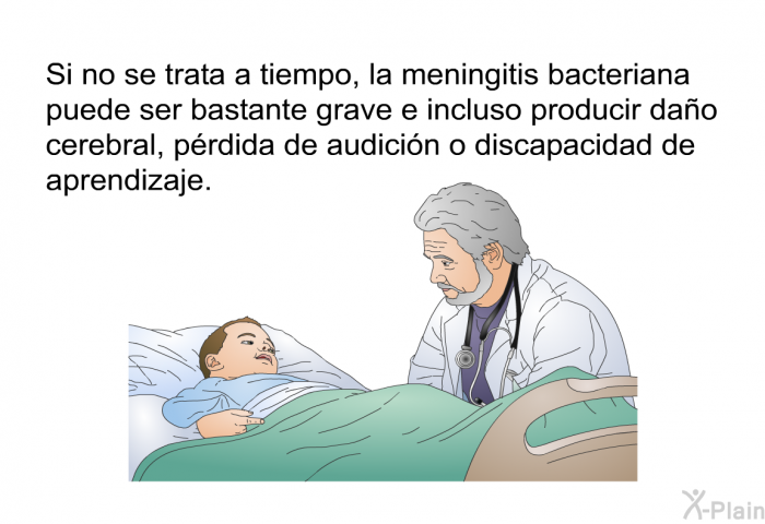 Si no se trata<B> </B>a tiempo, la meningitis bacteriana puede ser bastante grave e incluso producir dao cerebral,<B> </B>prdida de audicin o discapacidad de aprendizaje.