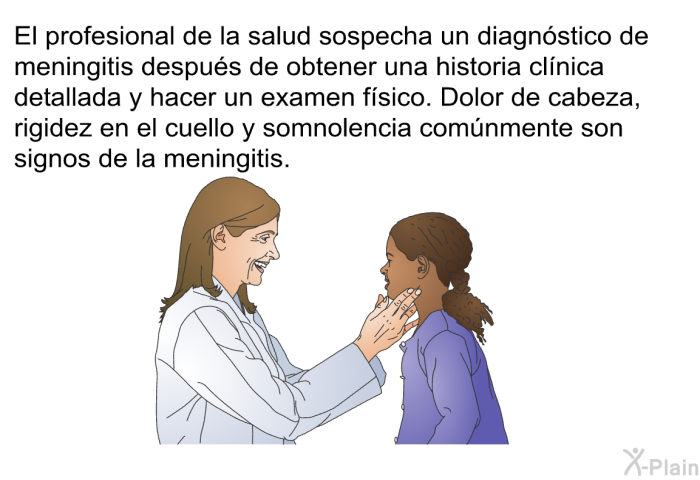 El profesional de la salud sospecha un diagn�stico de meningitis despu�s de obtener una historia cl�nica detallada y hacer un examen f�sico. Dolor de cabeza, rigidez en el cuello y somnolencia com�nmente son signos de la meningitis.