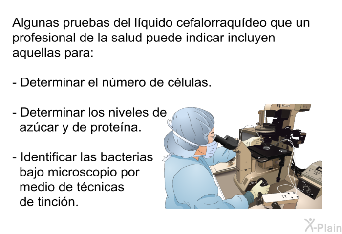 Algunas pruebas del l�quido cefalorraqu�deo que un profesional de la salud puede indicar incluyen aquellas para:  Determinar el n�mero de c�lulas. Determinar los niveles de az�car y de prote�na. Identificar las bacterias bajo microscopio por medio de t�cnicas de tinci�n.