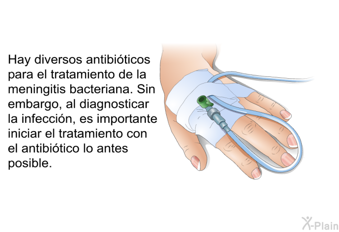 Hay diversos antibi�ticos para el tratamiento de la meningitis bacteriana. Sin embargo, al diagnosticar la infecci�n, es importante iniciar el tratamiento con el antibi�tico lo antes posible.