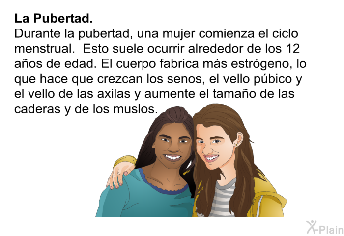 <B>La Pubertad: </B> Durante la pubertad, una mujer comienza el ciclo menstrual. Esto suele ocurrir alrededor de los 12 a�os de edad. El cuerpo fabrica m�s estr�geno, lo que hace que crezcan los senos, el vello p�bico y el vello de las axilas y aumente el tama�o de las caderas y de los muslos.