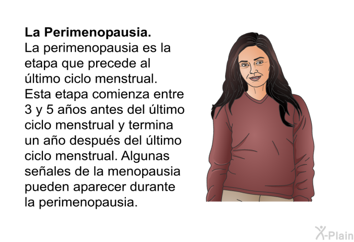 <B>La Perimenopausia: </B> La perimenopausia es la etapa que precede al �ltimo ciclo menstrual. Esta etapa comienza entre 3 y 5 a�os antes del �ltimo ciclo menstrual y termina un a�o despu�s del �ltimo ciclo menstrual. Algunas se�ales de la menopausia pueden aparecer durante la perimenopausia.