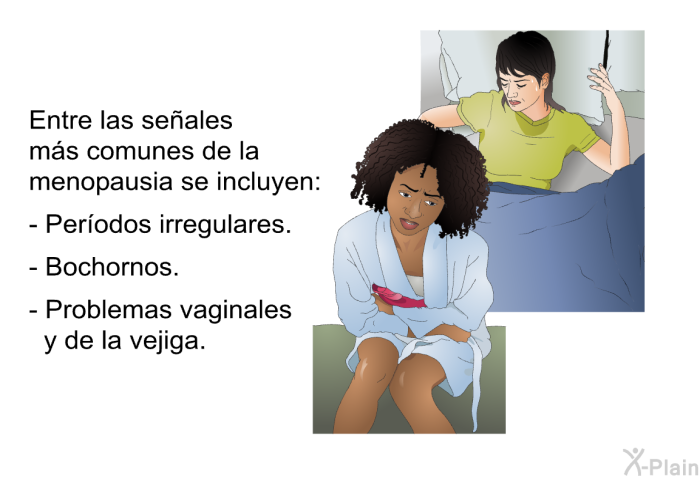 Entre las se�ales m�s comunes de la menopausia se incluyen:  Per�odos irregulares. Bochornos. Problemas vaginales y de la vejiga.