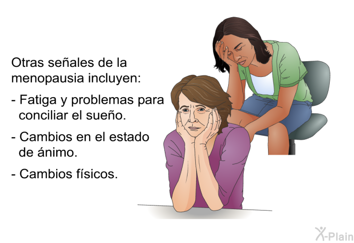 Otras se�ales de la menopausia incluyen:  Fatiga y problemas para conciliar el sue�o. Cambios en el estado de �nimo. Cambios f�sicos.