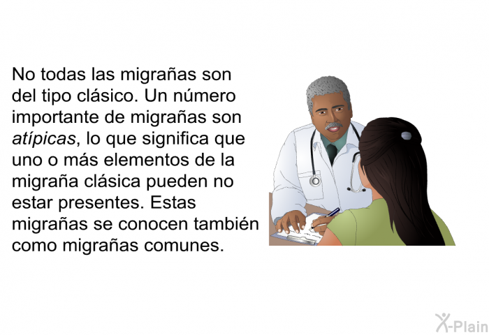 No todas las migraas son del tipo clsico. Un nmero importante de migraas son atpicas, lo que significa que uno o ms elementos de la migraa clsica pueden no estar presentes. Estas migraas se conocen tambin como migraas comunes.