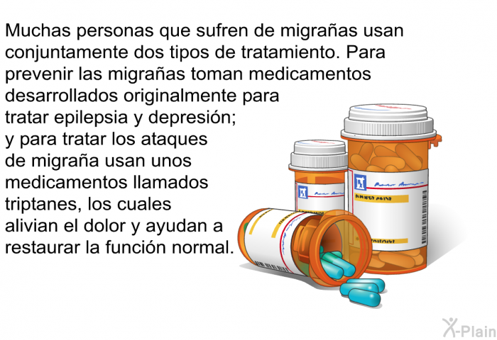 Muchas personas que sufren de migra�as usan conjuntamente dos tipos de tratamiento. Para prevenir las migra�as toman medicamentos desarrollados originalmente para tratar epilepsia y depresi�n; y para tratar los ataques de migra�a usan unos medicamentos llamados triptanes, los cuales alivian el dolor y ayudan a restaurar la funci�n normal.