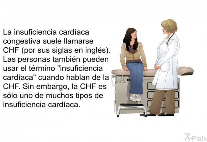 La insuficiencia cardaca congestiva suele llamarse CHF (por sus siglas en ingls). Las personas tambin pueden usar el trmino “insuficiencia cardaca” cuando hablan de la CHF. Sin embargo, la CHF es slo uno de muchos tipos de insuficiencia cardaca.