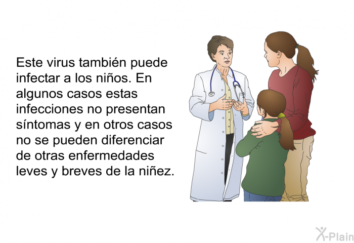 Este virus tambin puede infectar a los nios. En algunos casos estas infecciones no presentan sntomas y en otros casos no se pueden diferenciar de otras enfermedades leves y breves de la niez.