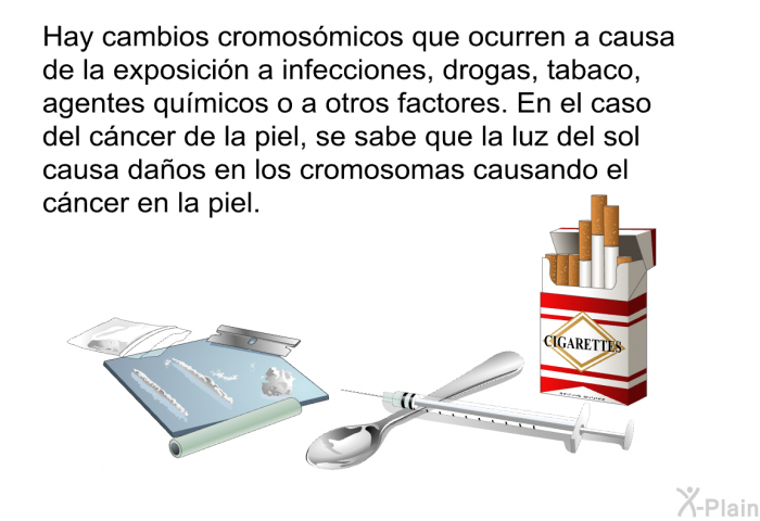 Hay cambios cromosmicos que ocurren a causa de la exposicin a infecciones, drogas<B>, </B>tabaco, agentes qumicos o a otros factores. En el caso del cncer de la piel, se sabe que la luz del sol causa daos en los cromosomas causando el cncer en la piel.