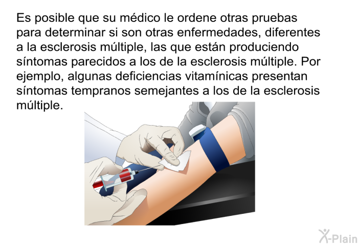 Es posible que su mdico le ordene otras pruebas para determinar si son otras enfermedades, diferentes a la esclerosis mltiple, las que estn produciendo sntomas parecidos a los de la esclerosis mltiple. Por ejemplo, algunas deficiencias vitamnicas presentan sntomas tempranos semejantes a los de la esclerosis mltiple.