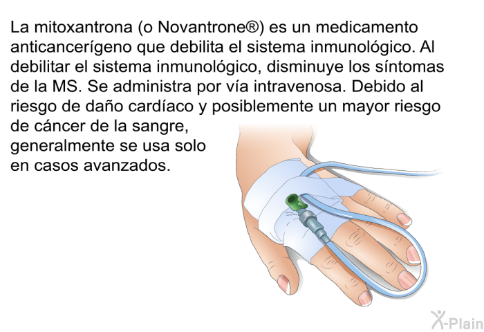 La mitoxantrona (o Novantrone ) es un medicamento anticancergeno que debilita el sistema inmunolgico. Al debilitar el sistema inmunolgico, disminuye los sntomas de la MS. Se administra por va intravenosa. Debido al riesgo de dao cardaco y posiblemente un mayor riesgo de cncer de la sangre, generalmente se usa solo en casos avanzados.