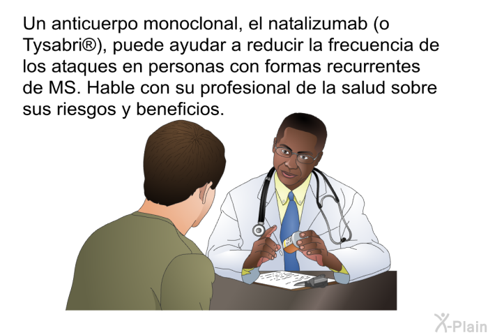 Un anticuerpo monoclonal, el natalizumab (o Tysabri ), puede ayudar a reducir la frecuencia de los ataques en personas con formas recurrentes de MS. Hable con su profesional de la salud sobre sus riesgos y beneficios.
