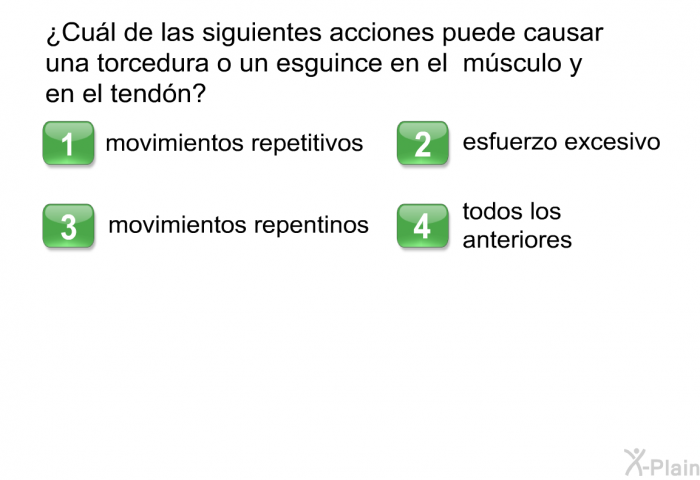 ¿Cul de las siguientes acciones puede causar una torcedura o un esguince en el msculo y en el tendn?  movimientos repetitivos esfuerzo excesivo movimientos repentinos todos los anteriores