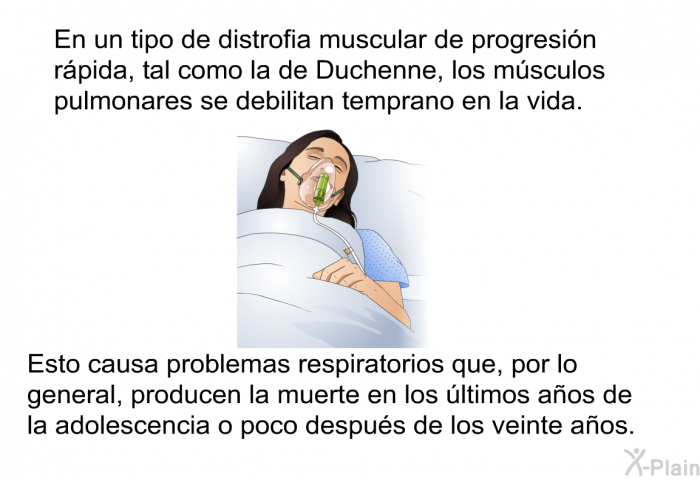 En un tipo de distrofia muscular de progresin rpida, tal como la de Duchenne, los msculos pulmonares se debilitan temprano en la vida. Esto causa problemas respiratorios que, por lo general, producen la muerte en los ltimos aos de la adolescencia o poco despus de los veinte aos.