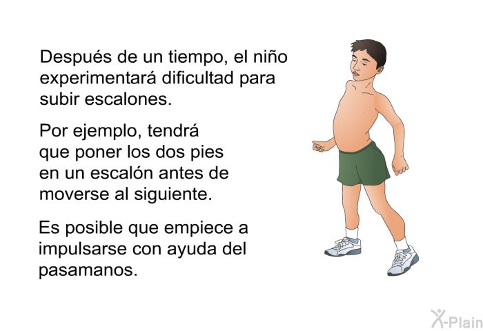 Despus de un tiempo, el nio experimentar dificultad para subir escalones. Por ejemplo, tendr que poner los dos pies en un escaln antes de moverse al siguiente. Es posible que empiece a impulsarse con ayuda del pasamanos.