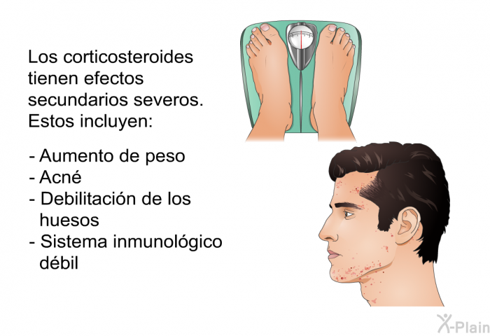 Los corticosteroides tienen efectos secundarios severos. Estos incluyen:  Aumento de peso Acn� Debilitaci�n de los huesos Sistema inmunol�gico d�bil