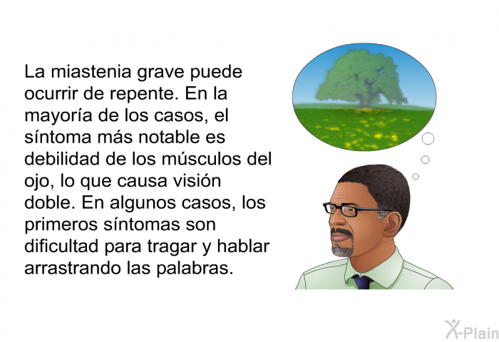La miastenia grave puede ocurrir de repente. En la mayora de los casos, el sntoma ms notable es debilidad de los msculos del ojo, lo que causa visin doble. En algunos casos, los primeros sntomas son dificultad para tragar y hablar arrastrando las palabras.