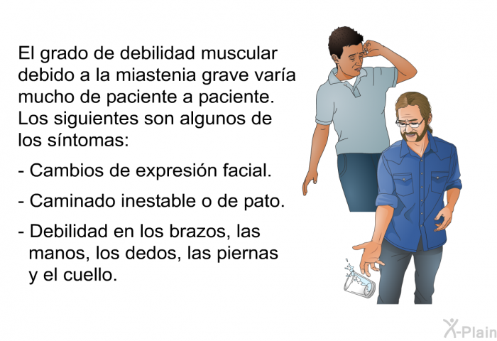 El grado de debilidad muscular debido a la miastenia grave vara mucho de paciente a paciente. Los siguientes son algunos de los sntomas:  Cambios de expresin facial. Caminado inestable o de pato. Debilidad en los brazos, las manos, los dedos, las piernas y el cuello.