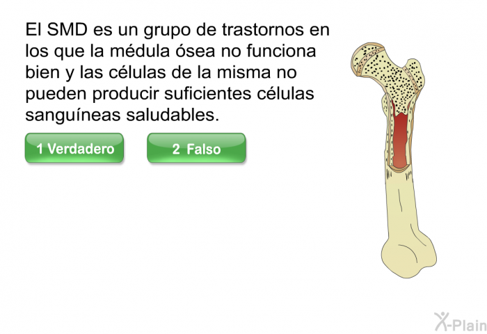 El SMD es un grupo de trastornos en los que la mdula sea no funciona bien y las clulas de la misma no pueden producir suficientes clulas sanguneas saludables.