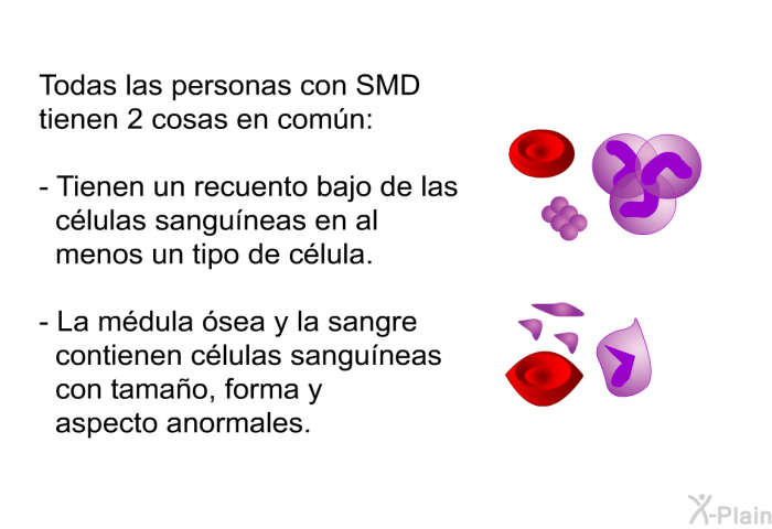 Todas las personas con SMD tienen 2 cosas en comn: 
  Tienen un recuento bajo de las clulas sanguneas en al menos un tipo de clula. La mdula sea y la sangre contienen clulas sanguneas con tamao, forma y aspecto anormales.