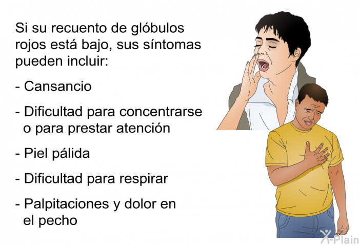 Si su recuento de gl�bulos rojos est� bajo, sus s��ntomas pueden incluir:  Cansancio Dificultad para concentrarse o para prestar atenci�n Piel p�lida  Dificultad para respirar Palpitaciones y dolor en el pecho
